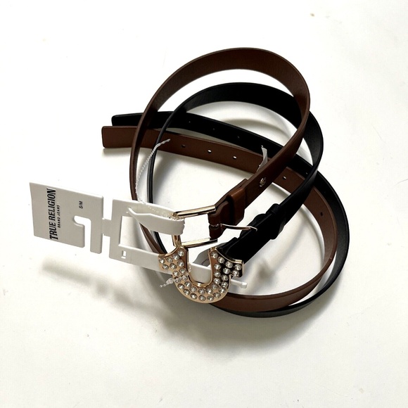 NWT Original 2pc TRUE RELIGION Belt Horseshoe Rhinestone Black Brown main image 4